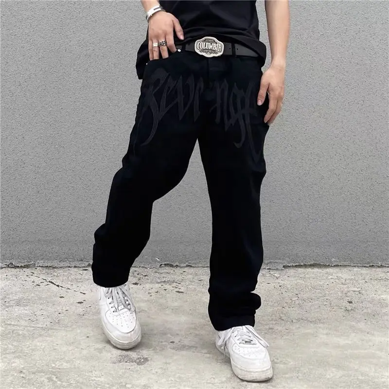 Y2K Emo Men's Fashion Black Streetwear Embroidery Low Baggy Jeans Straight Trousers Hip Hop Denim Pant Male Pants Clothes Man