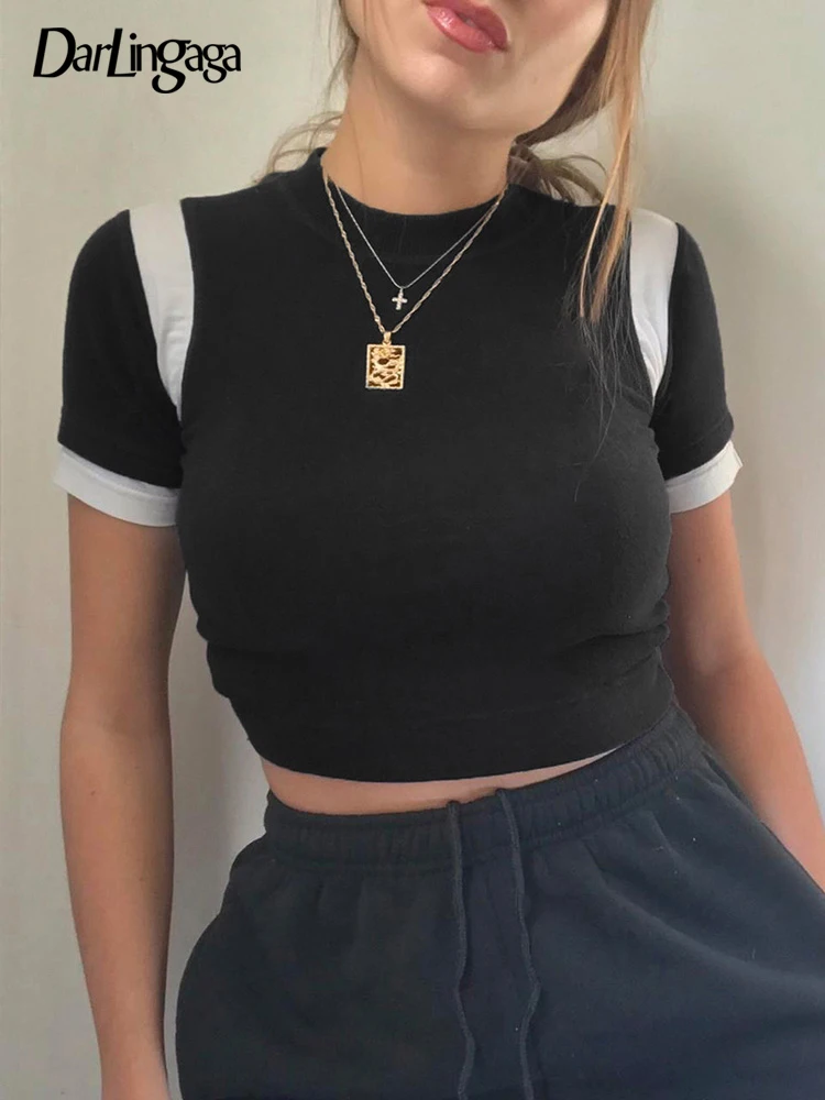 

Darlingaga Short Sleeve Skinny Black White Patchwork Female T-shirts Casual Basic Summer Crop Top Tee Korean Chic Preppy Shirts