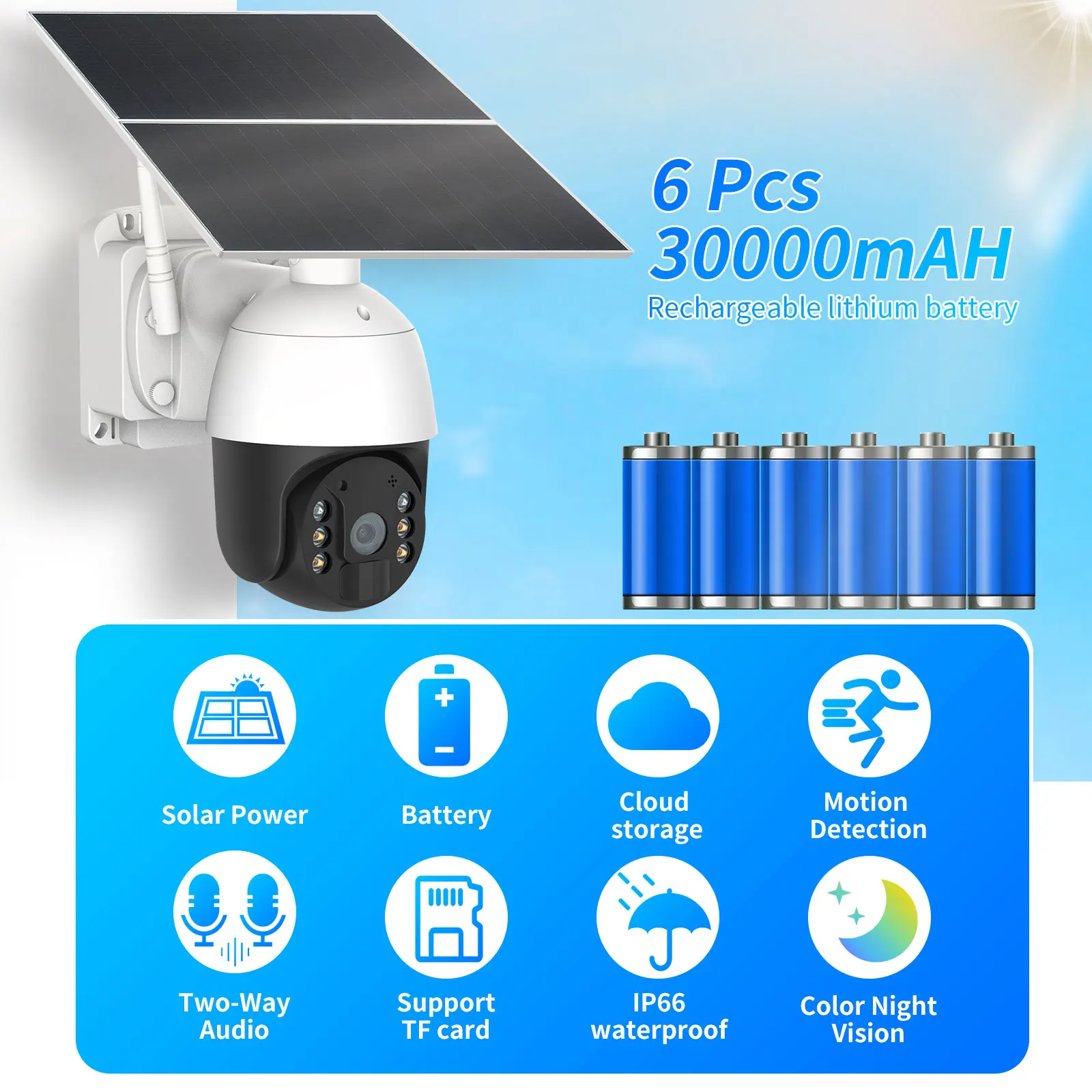 

20W Solar Panel PTZ IP Camer Outdoor Waterproof P2P Two Way Audio Security POE Camera With 128G SD Card 30000mAh Batterie