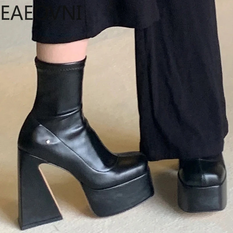 

Winter Punk Boots Women Heels Fashion Slip On High Platform Square High Heel Botas Ladies Leather Gothic Short Boots