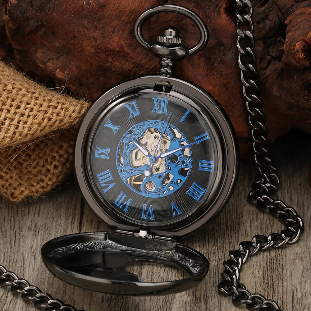 Black Half Wing Royal Blue Roman Numerals Display Dial Hand Winding Mechanical Pocket Watch Vintage Fob Chain Pendant Man Clock