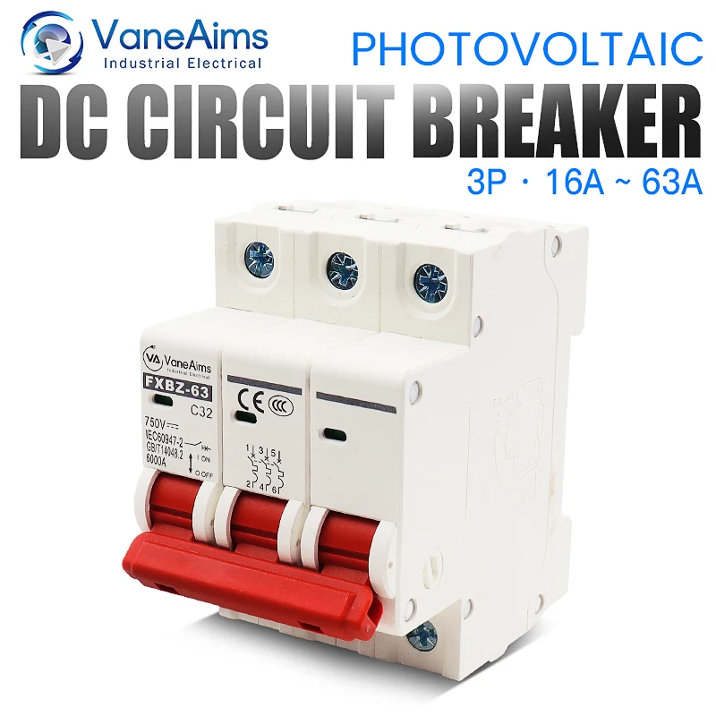 

3P мини-выключатель цепи постоянного тока 750 В, защита от перегрузки, переключатель 6A-63A MCB для фотоэлектрической системы