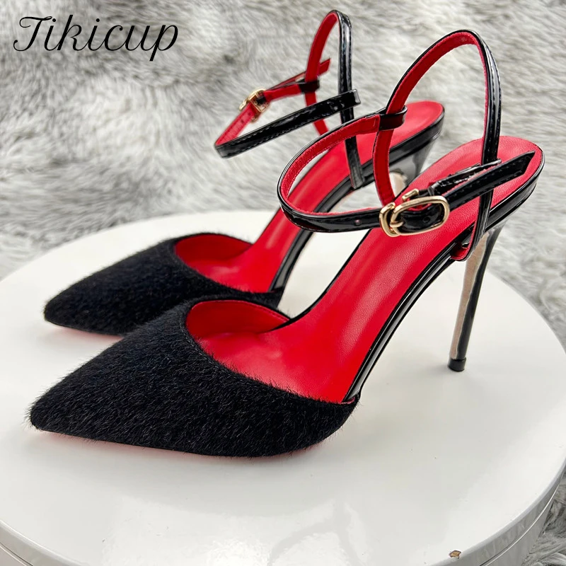 

Tikicup Hairy Black Flock Women Pointy Toe Backless High Heel Shoes Ankle Strap Elegant Ladies Stiletto Pumps Plus Size 33-45