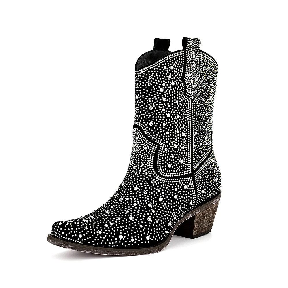 

Женские ботильоны с квадратным носком, повседневные Винтажные ботинки челси из искусственной замши с кристаллами, сапоги на шнуровке, весн...