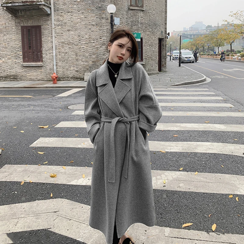 

Reversible Cashmere Coat Women's Mid-Length 2022 New Autumn and Winter Loose Lace-up Coat
