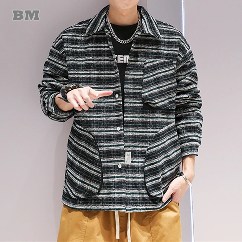 

Japanese Streetwear High Quality Corduroy Striped Lapel Shirt Men Clothing Harajuku Casual Coats Korean Fashion Couple Tops
