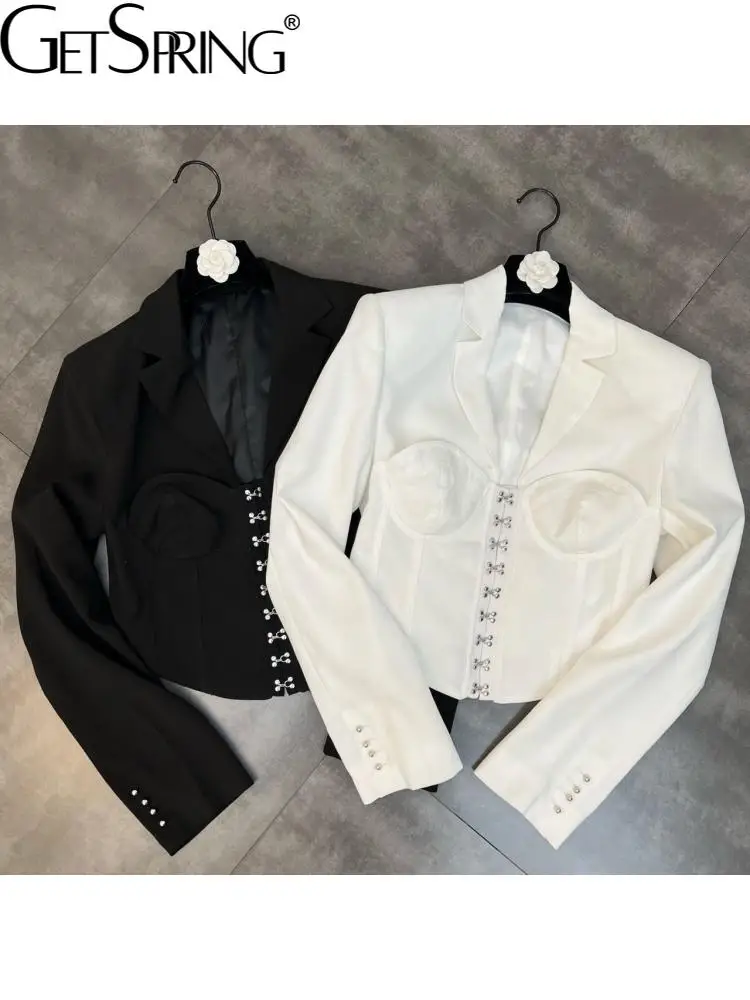 

GetSpring Women Blazer Single Breasted Long Sleeve Ladies Black Suit Coat Fake Two Cotton Linen Women's Slim Suit Jacket 2022