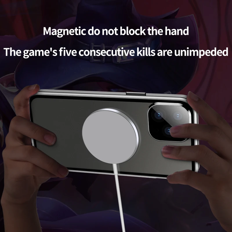 Magnetic Metal Flip Case for iPhone 14 13 Pro Max 12 Magsafing Wireless Charger Full Tempered Glass Transparent Cover Protector