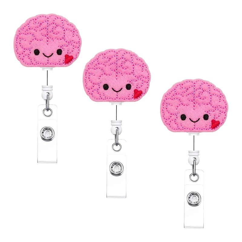 

3 Pieces Brain Badge Reel Cute Felt Retractable Badge Holder ID Badge Reel Alligator Clip for Men Women, Nurse,