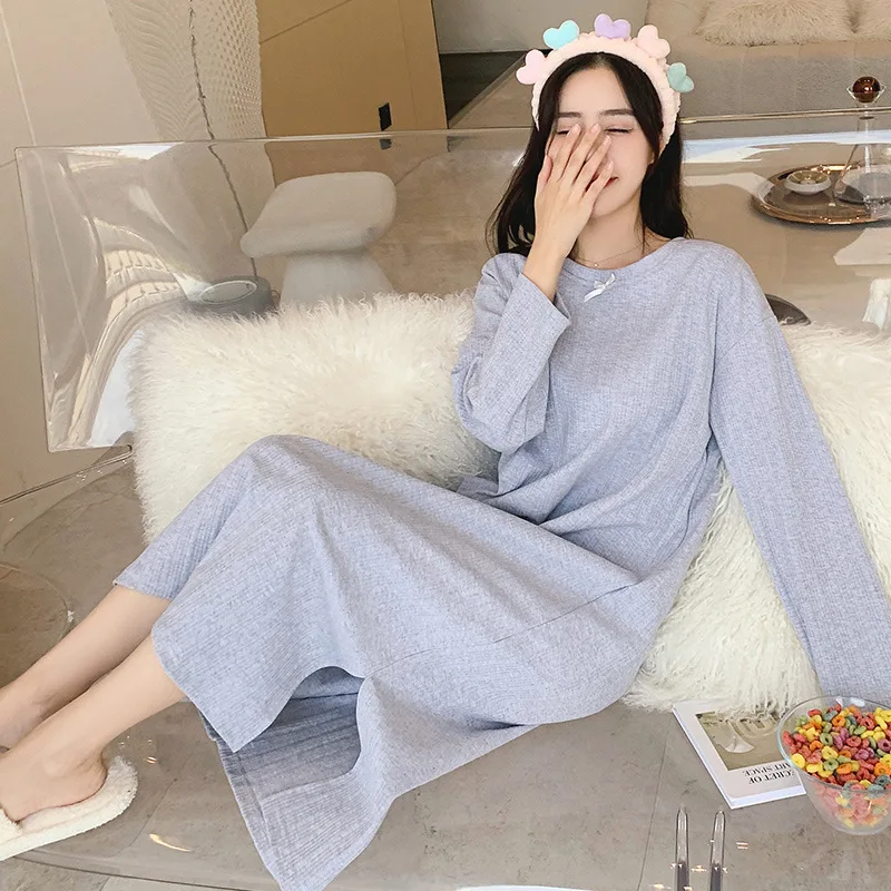 M-4XL Korean Simple Long Sleeve Spring Autumn Nightgowns Women Plus Size Cotton Sleepwear Dress Female Nightwear Night Shirt
