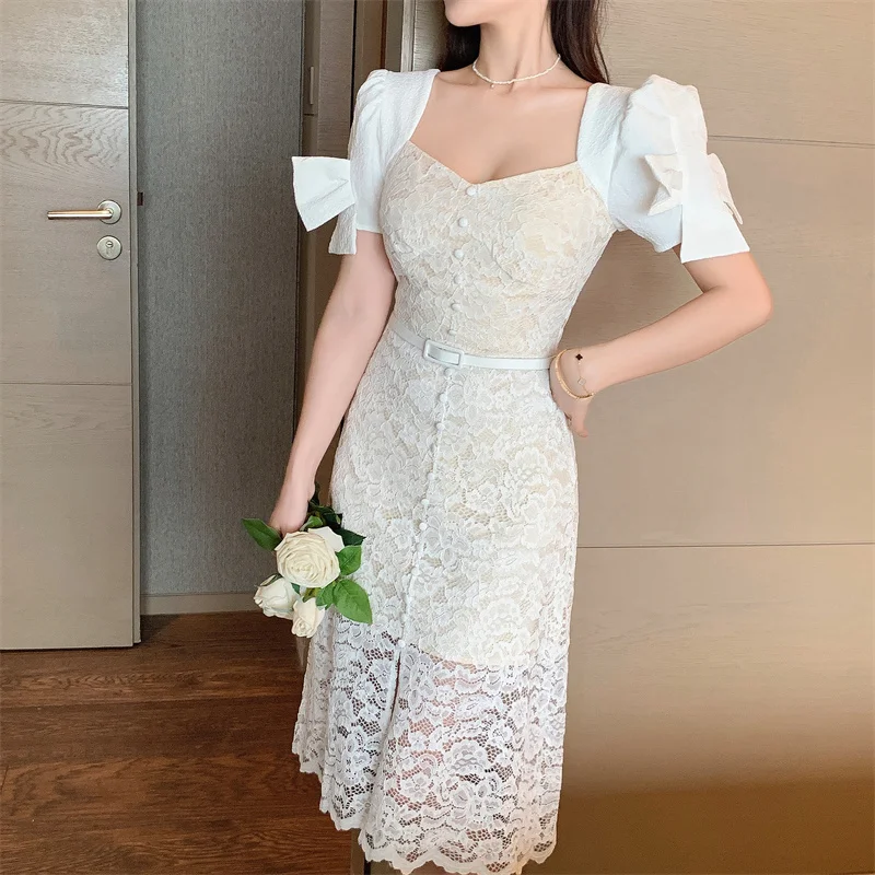 

High Quality Designer Summer White Dress For Women Square Collar Lace Patchwork Hollow Out Puff Sleeve Slim Split Female Vestido