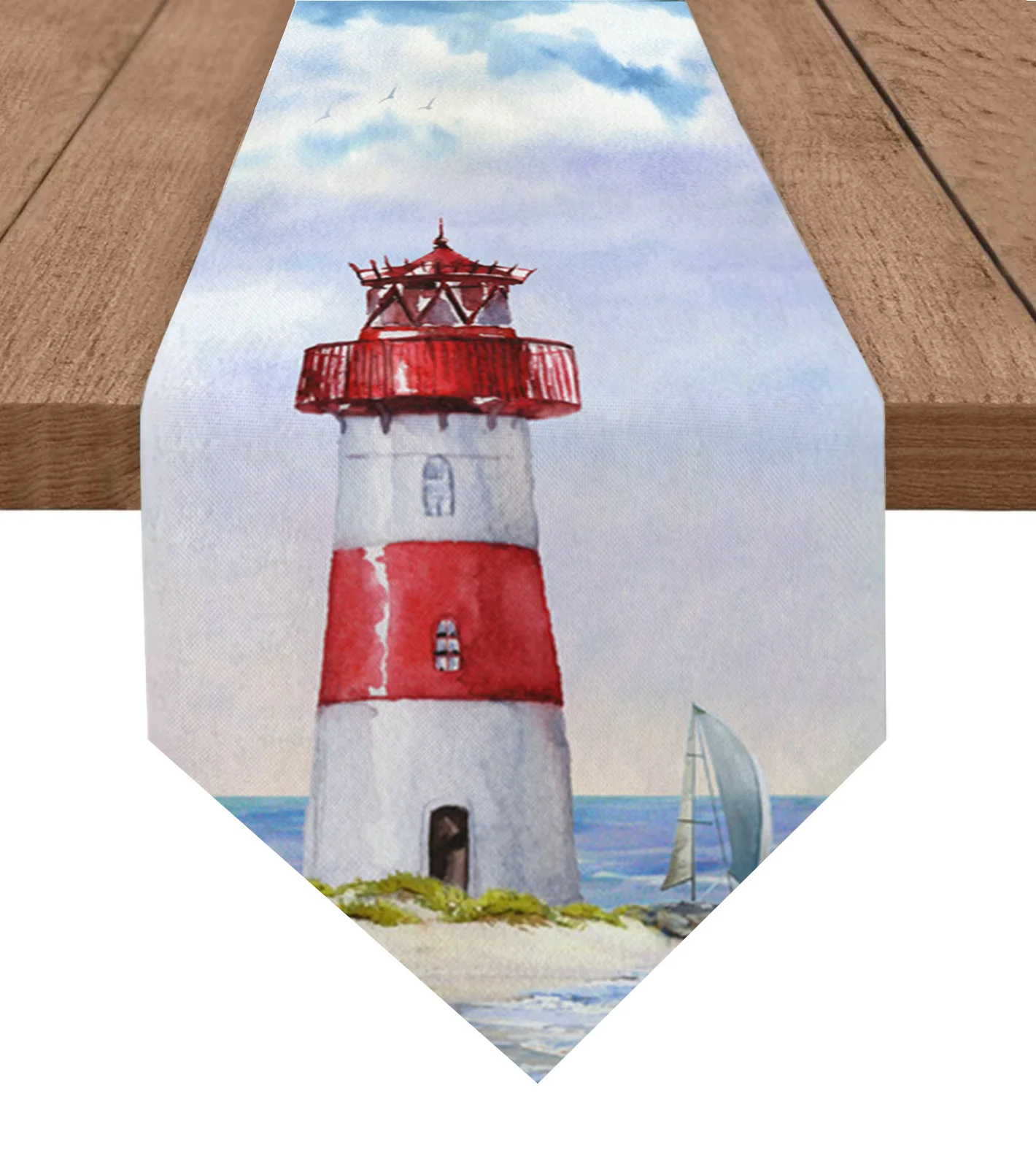

Lighthouse Island Vintage Watercolor Table Runner Wedding Decor Tablecloth Holiday Party Home Dining Table Decoration