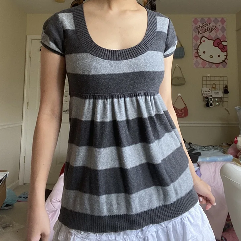 

Women Summer Knitted T-shirt Top O Neck Short Sleeve Stripes Printed Tops Casual Female Ladies Clothes Outfits T Shirts Tees New