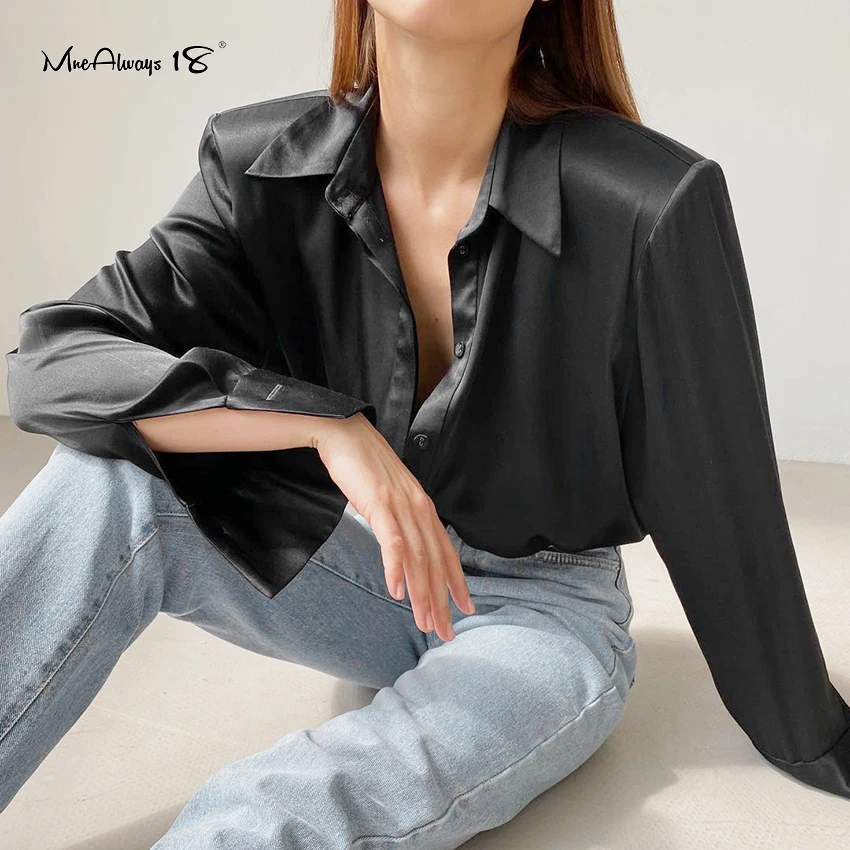 Элегантные атласные женские рубашки Mnealways18 модная Осенняя черная блузка с