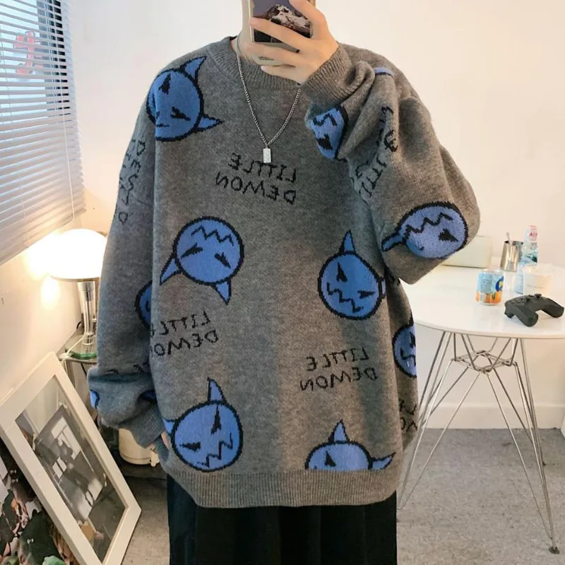 

Japanese Vintage Knit Sweaters Men Loose Cartoon Devil Print Couples Pullover 2022 Autumn Winter O Neck Long Sleeved Knit Tops