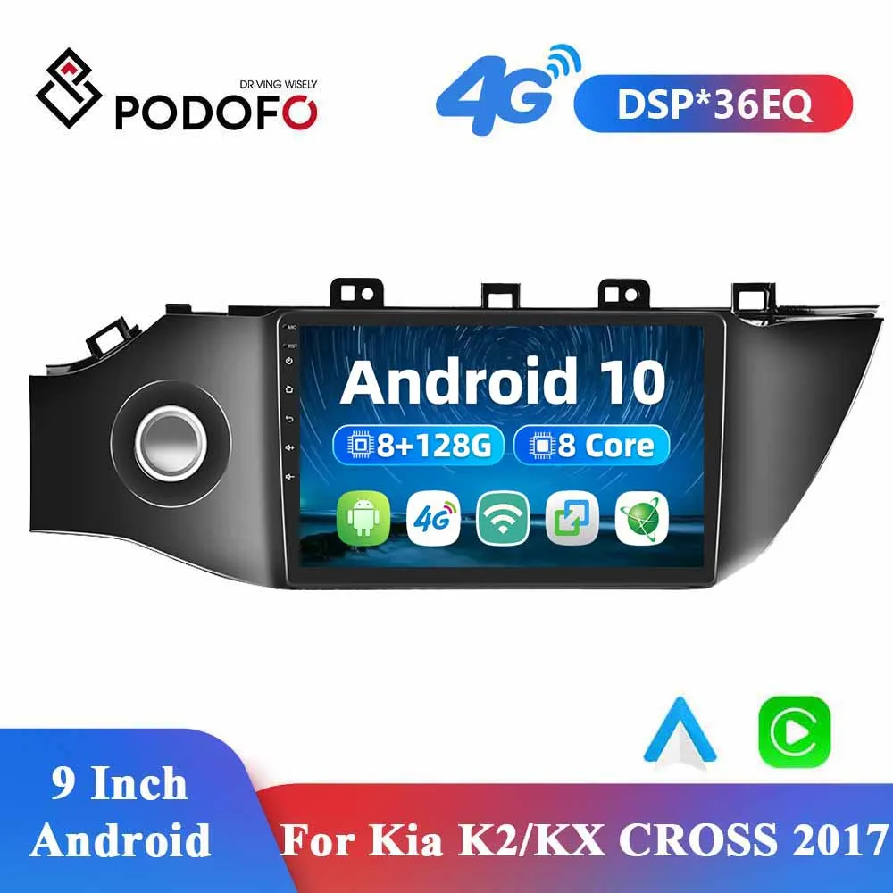 

Автомагнитола Podofo, 2DIN, 9 дюймов, 4G + WiFi, Android 10,0, GPS, 8 ядер, Carplay, DSP, мультимедиа, видеоплеер, навигация для Kia K2/KX CROSS 2017