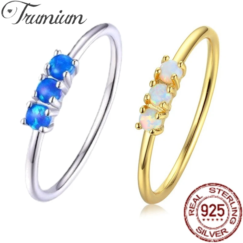 

Trumium Genuine 925 Sterling Silver Three Stone Blue White Opal Finger Rings For Women Fashion Female Fine Jewelry Accessories