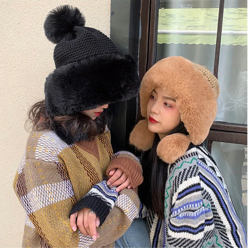 Зимняя женская вязаная шапка теплые мягкие плюшевые шапки для снега с шариком