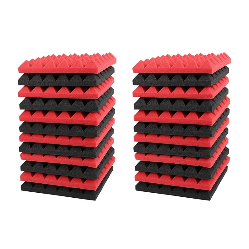 

24X Charcoal Acoustic Foam Tiles Soundproofing Foam Panels Studio Sound Padding 2 X 10 X 10 Inch(Black+Red)