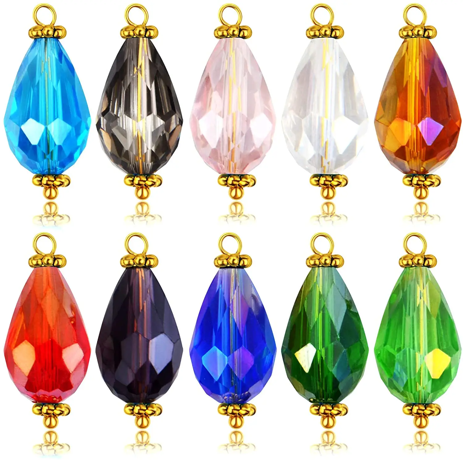 

50pcs Oval Teardrop Crystal Bead Colorful Faceted Glass Dangle Pendants with Golden Bead Caps for DIY Earrings Jewelry Making