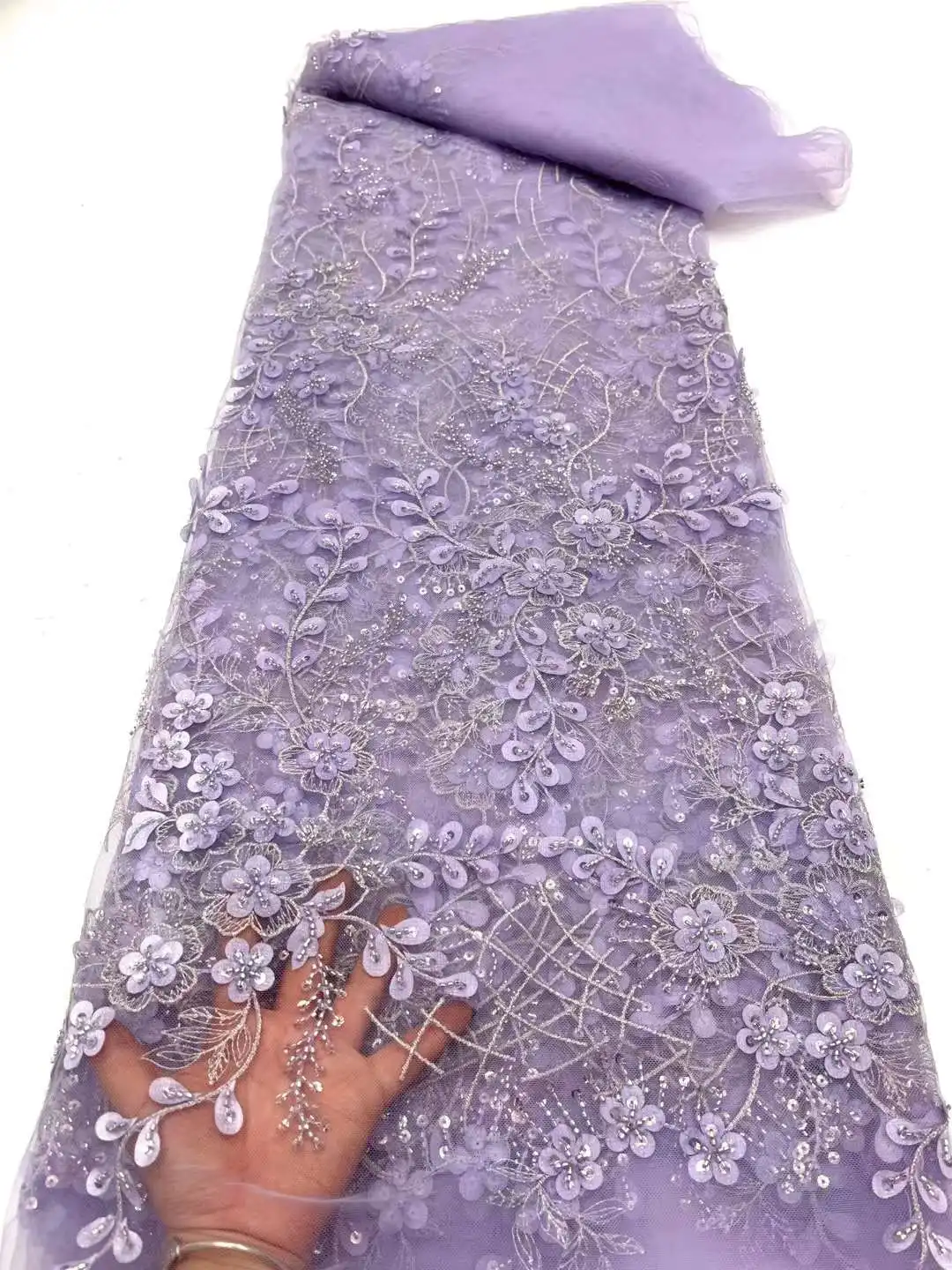 

Luxury Beads Tube Embroidery 3D African Lace Fabric 2023 High Quality French Sequined Tulle Fabric For Nigerian Wedding Party