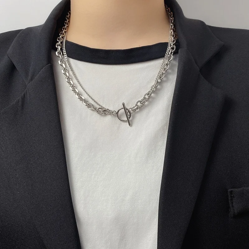 

U-Magical Statement Titanium Steel Double Layer Chokers Necklace for Women Fashion Metallic Chunky OT Chain Necklace Jewelry