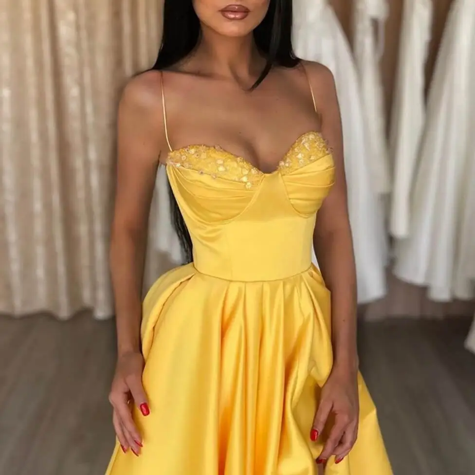 

Gorgeous Yellow Prom Dress Slit Long With Sequins Spaghetti-Straps Sexy Formal A Line Gown For Women Custom Made Robes De Soirée