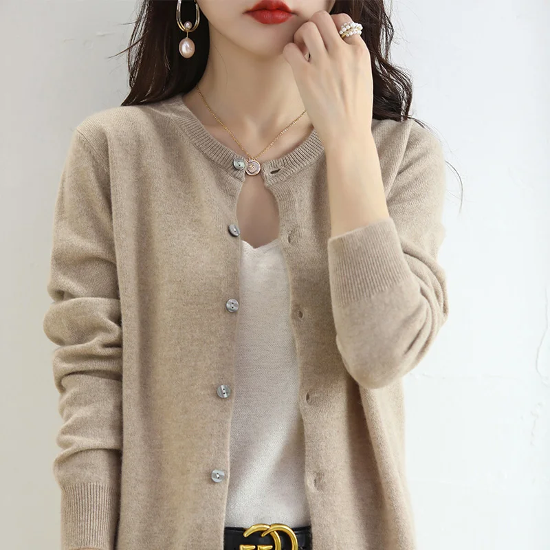 

Ladies Cardigan Sweater Wool Coat 22 Spring Autumn New Round Neck Knitted Solid Color Loose Long Sleeve Bottoming Korean Ve 2023