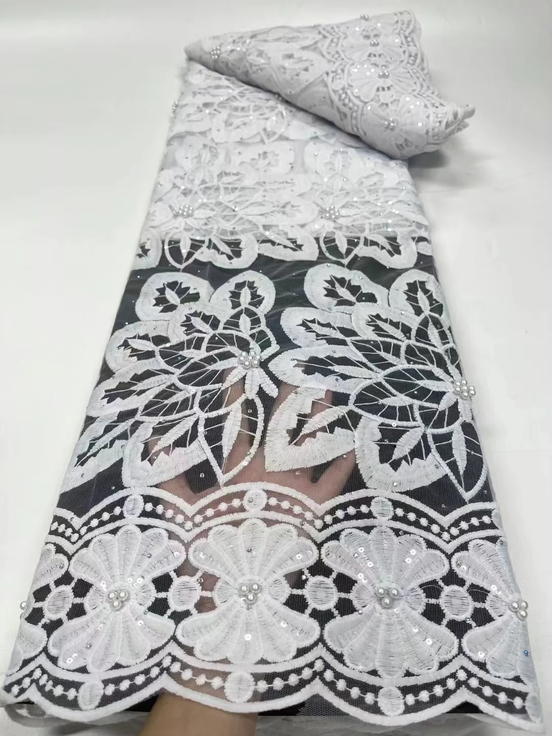 

New African White Sequins Lace Fabric Good Quality Shining Material Beads French Royal Blue For Wedding Dress Party Clothing