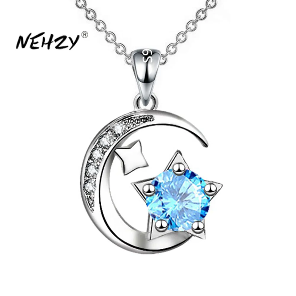 

NEHZY Silver plating New Women Fashion Jewelry High Quality Cubic Zirconia Star Moon Blue Pink Pendant Necklace Length 45CM