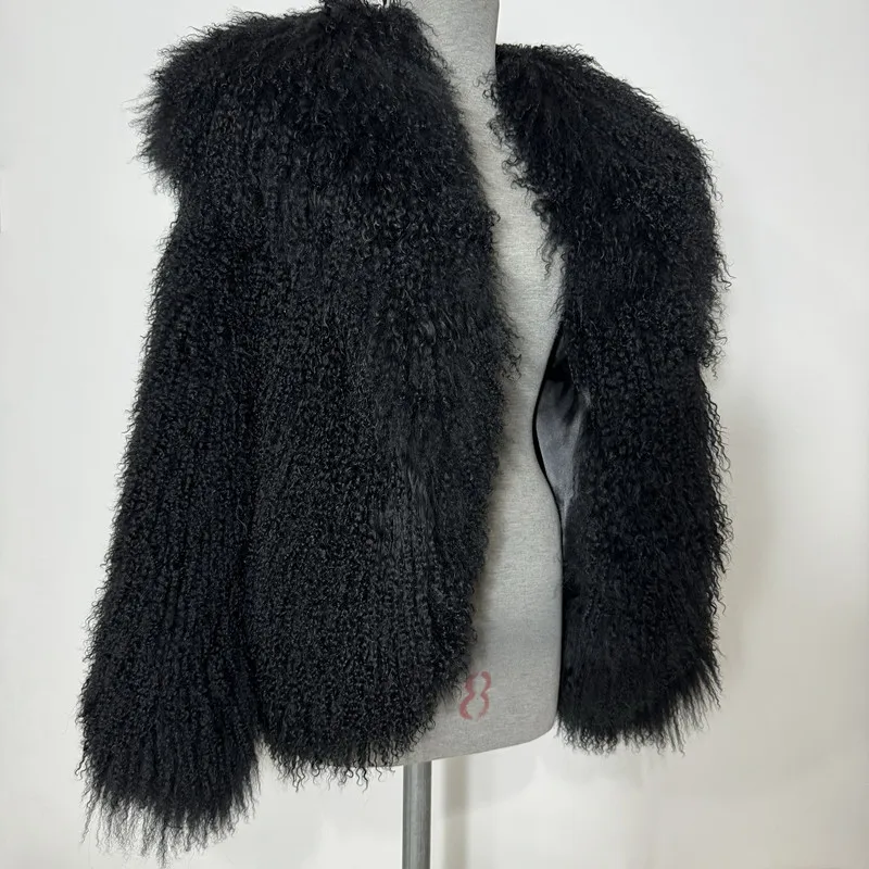 Настоящая дубленка монгольский мех ягненка длина 60 см женская куртка из