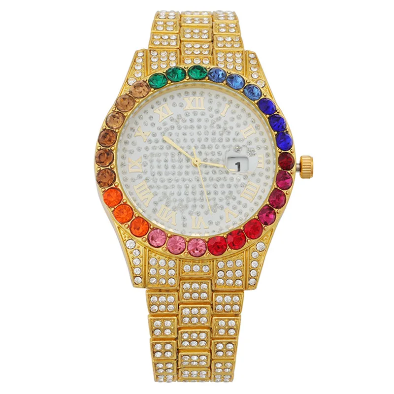 Luxury Round Quartz Rainbow Stone Dial Casual Watch Rhinestone Stainless Strap Fashionable Clock Waterproof Wristwatch for Women
