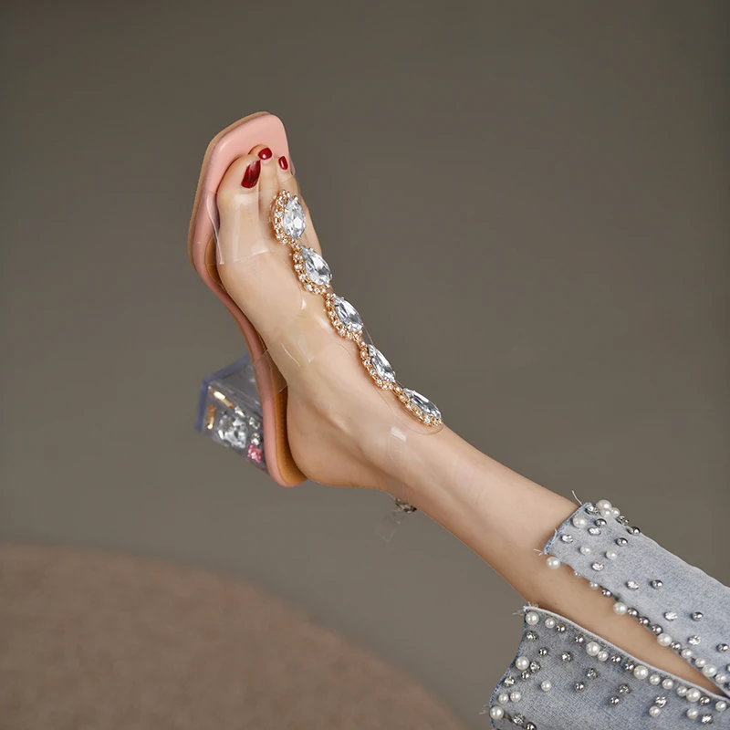 

Womens Open Toe Clear Transparent Diamond Crystal Bling Sandals T-Strap Block High Heel Shoes Luxury Glitter Girls New 2022