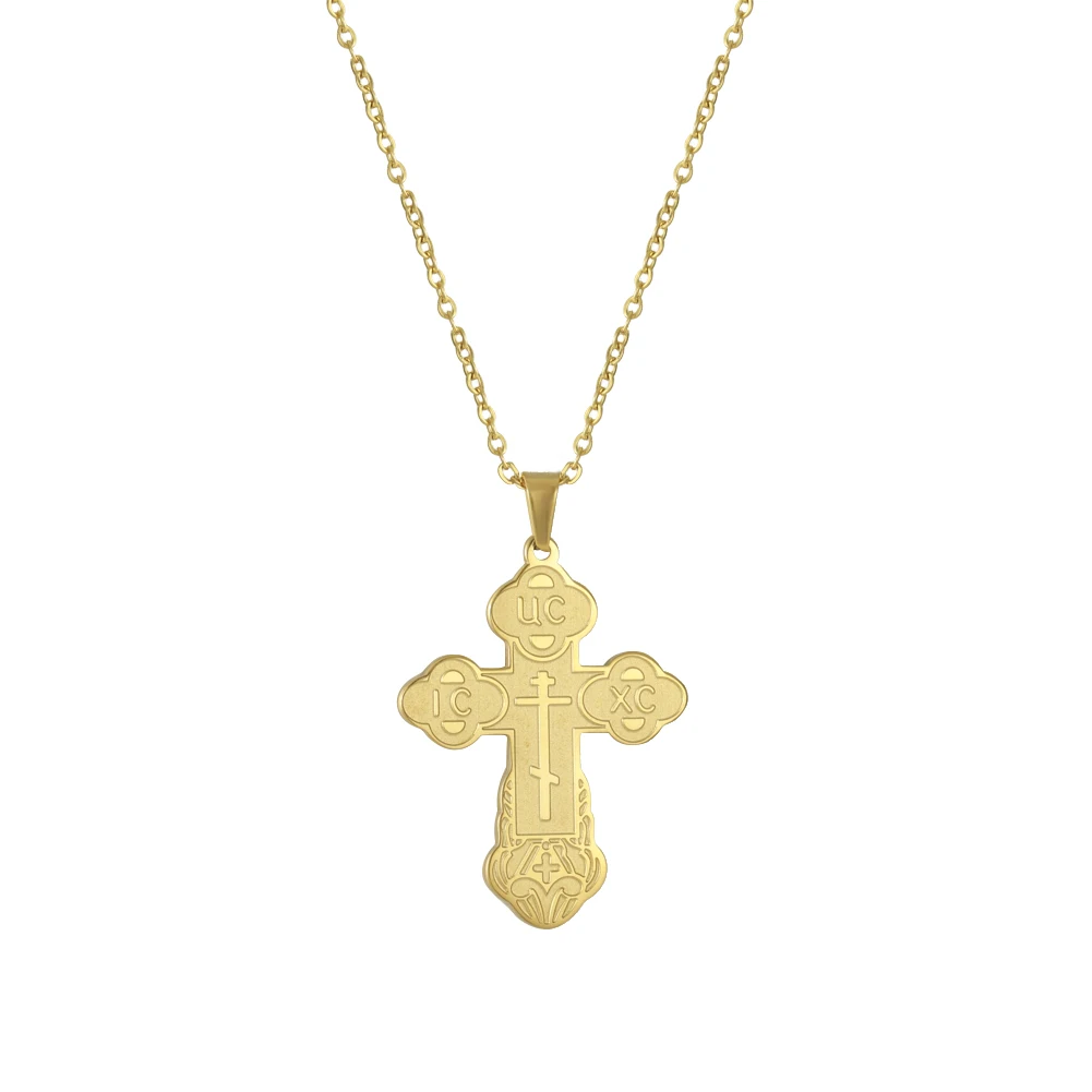

Stainless Steel Jewelry Gold Color Steel Color 25x33.5mm Engraved Letter Cross Pendant Necklace With 45+5cm Link Chain