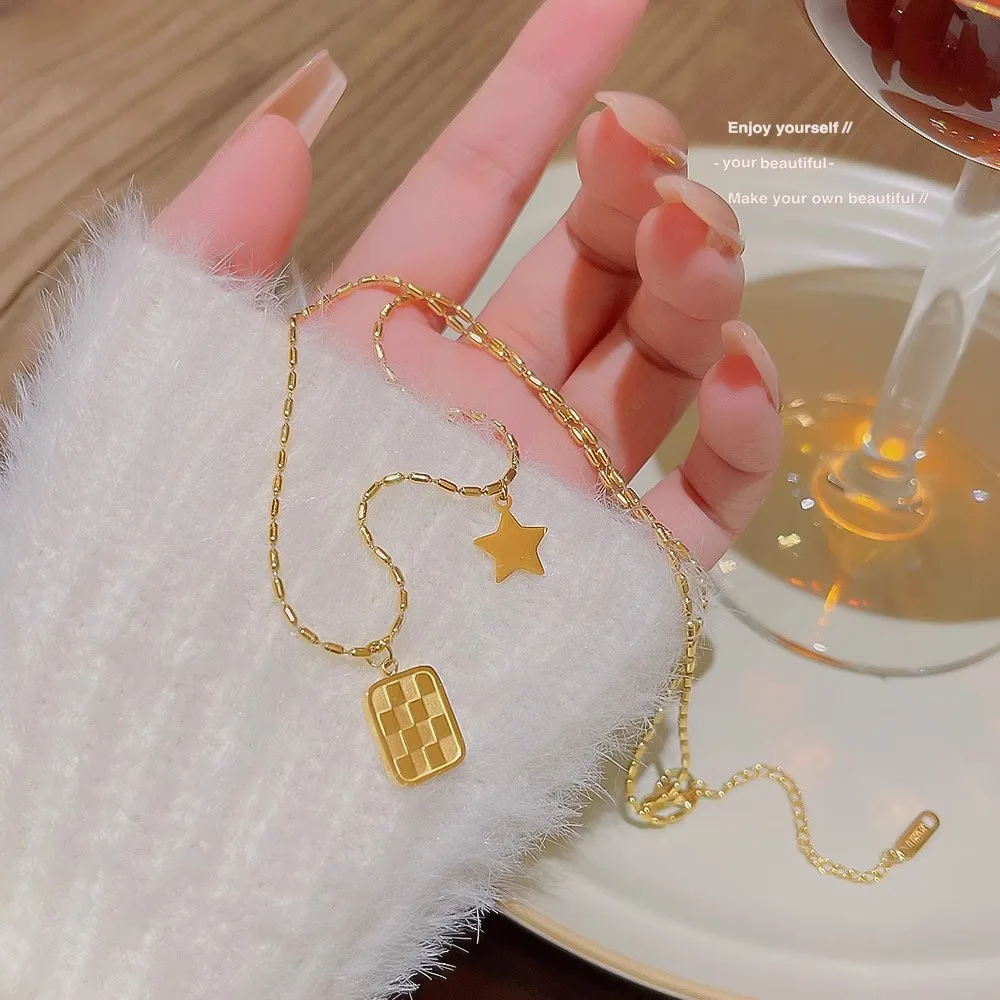 Золотое ожерелье из нержавеющей стали с подвеской в виде шахматной звезды