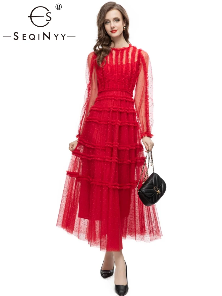 

SEQINYY Party Midi Dress Summer Spring New Fashion Design Women Runway High Street Dot Mesh A-Line Ruffles Elegant