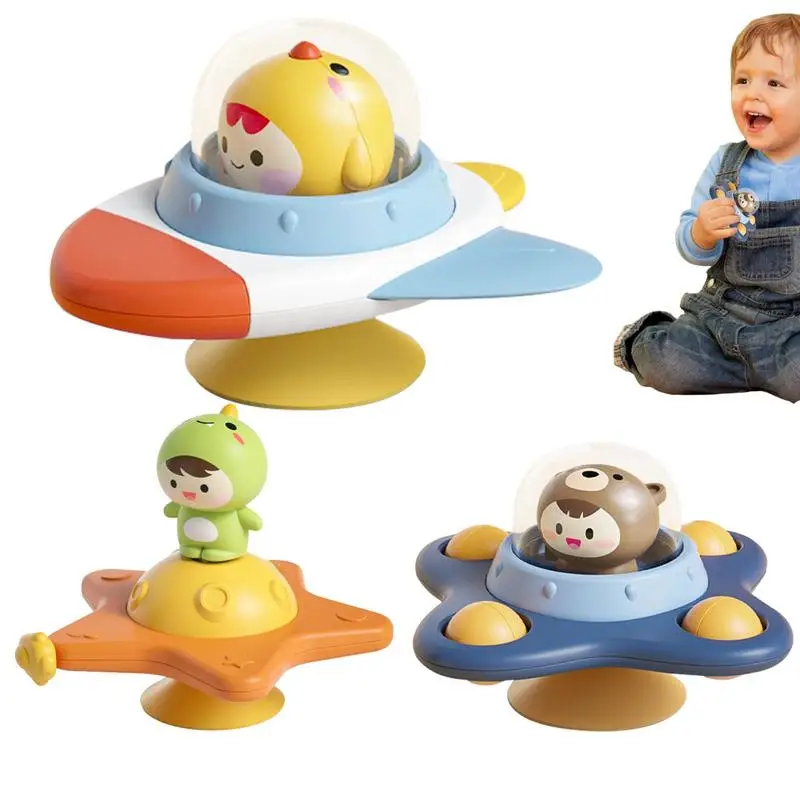 

High Chair Toys With Suction Cups 3PCS Bear Dinosaur Chick Spinwheel Toys With Suction Base Early Development Cartoon Baby