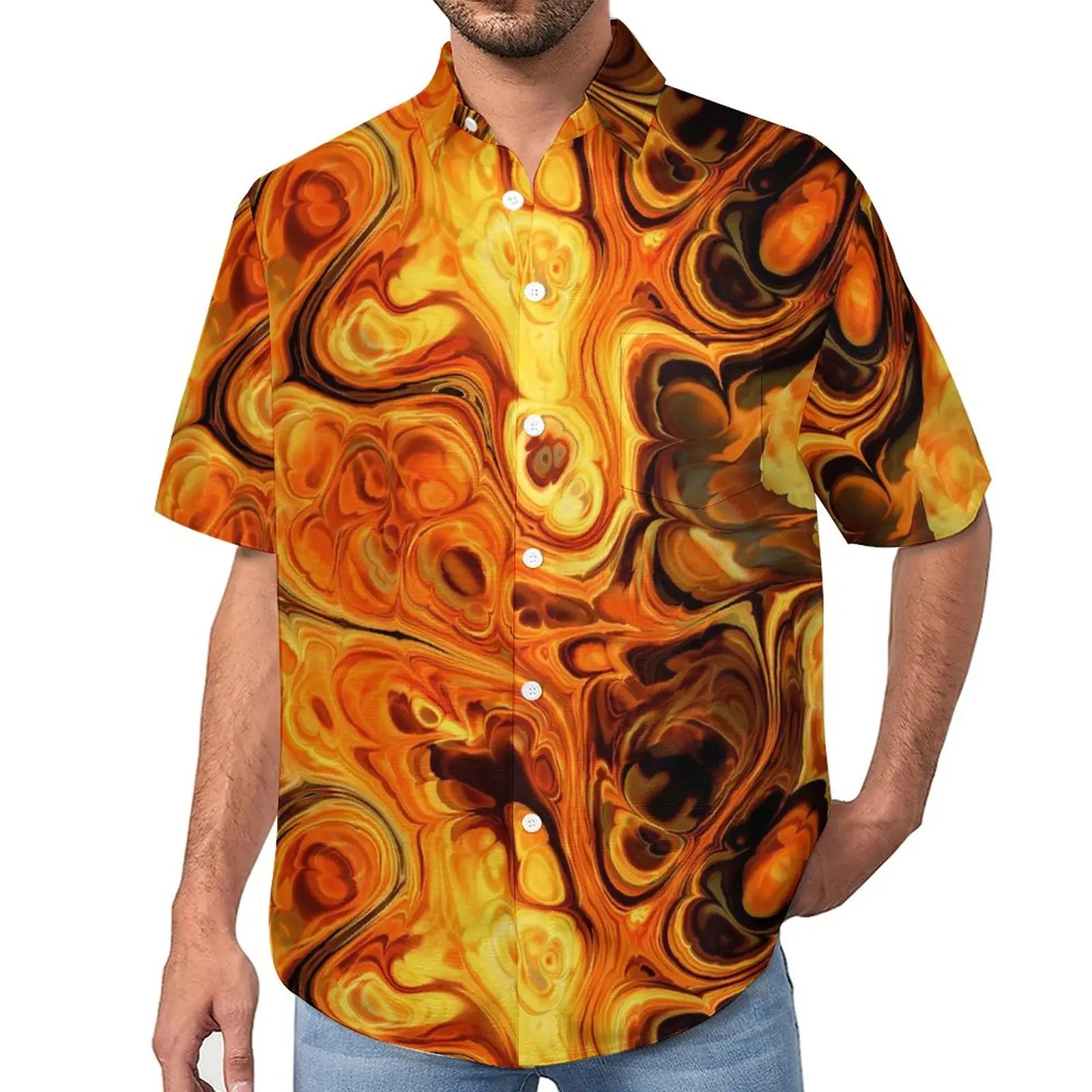 

Fire Fractal Art Vacation Shirt Abstract Print Hawaii Casual Shirts Men Streetwear Blouses Short Sleeve Custom Clothes Plus Size