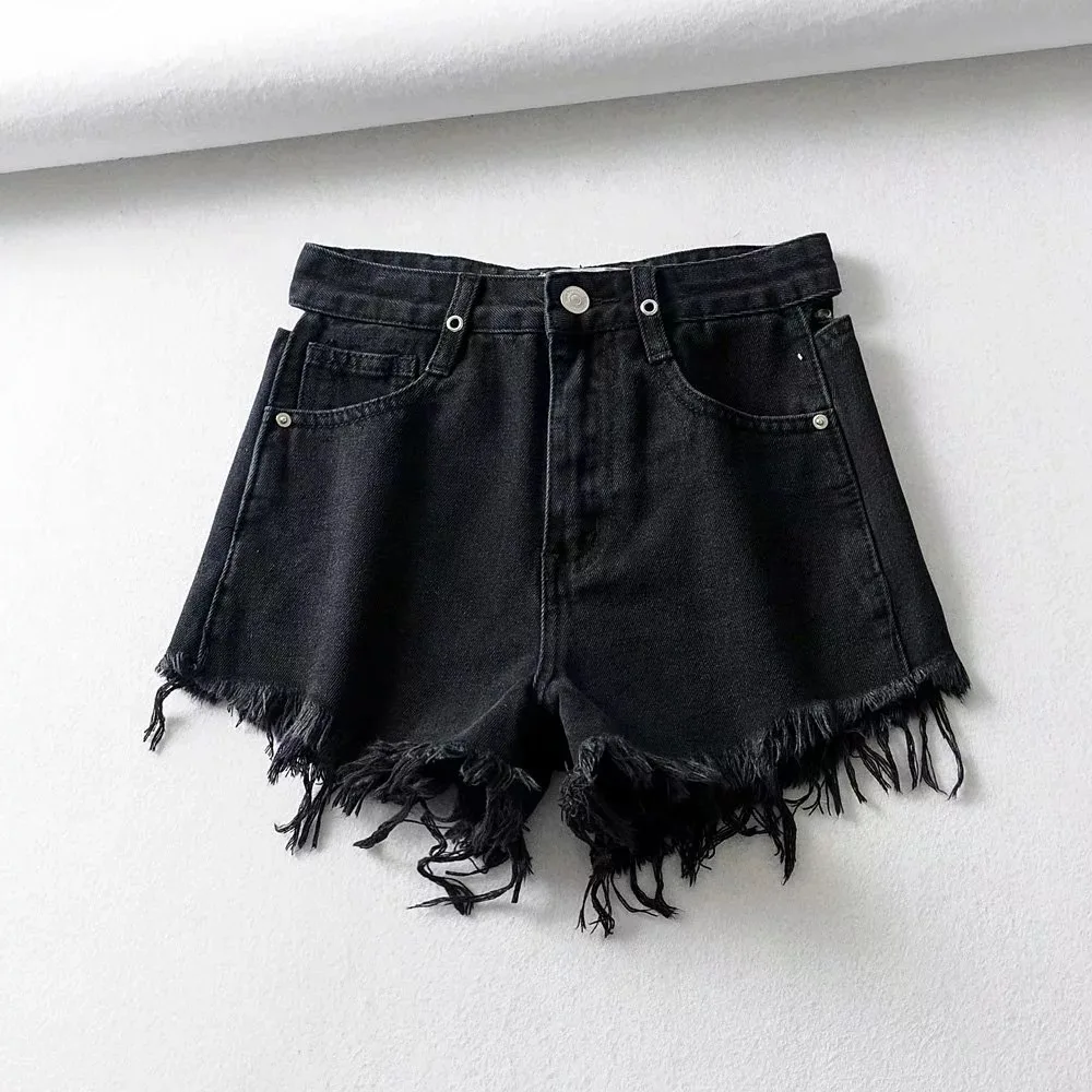 Women High Waist Shorts Summer Slim Sexy Hollow Out Denim Shorts Gothic Hip Casual Black Wide Leg Shorts for Female E Girl Punk
