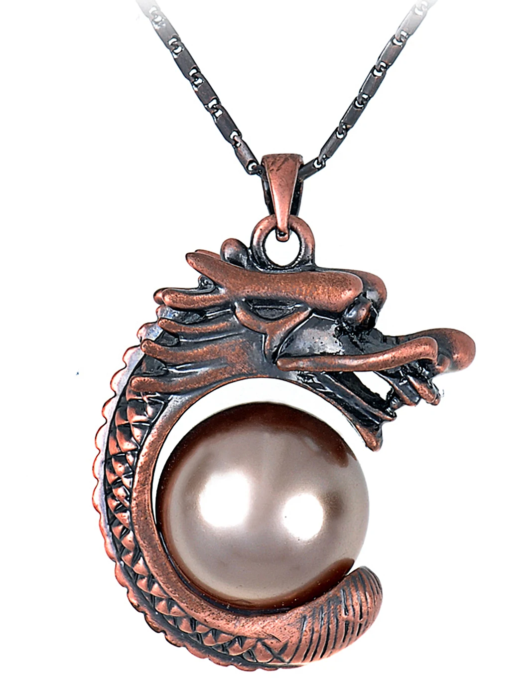 

Rusty Red Antique Chinese Dragon Protects Sacred Bronze Faux Pearl Pendant