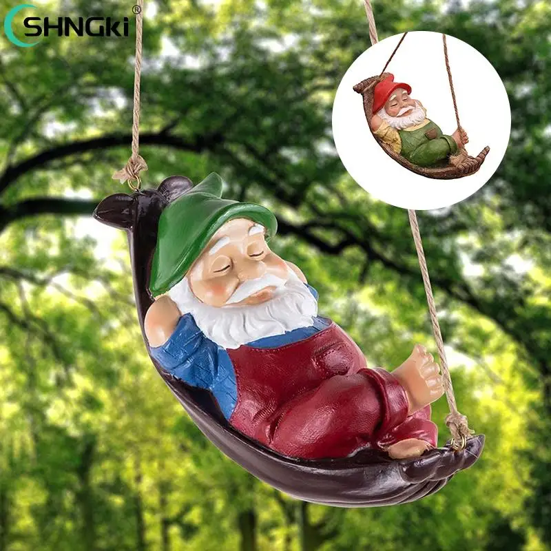 

Mini Garden Gnomes Dwarf Miniature Fairy Garden Statue Courtyard Swing Hammock Elf Figure Resin Micro Landscape Outdoor Figurine