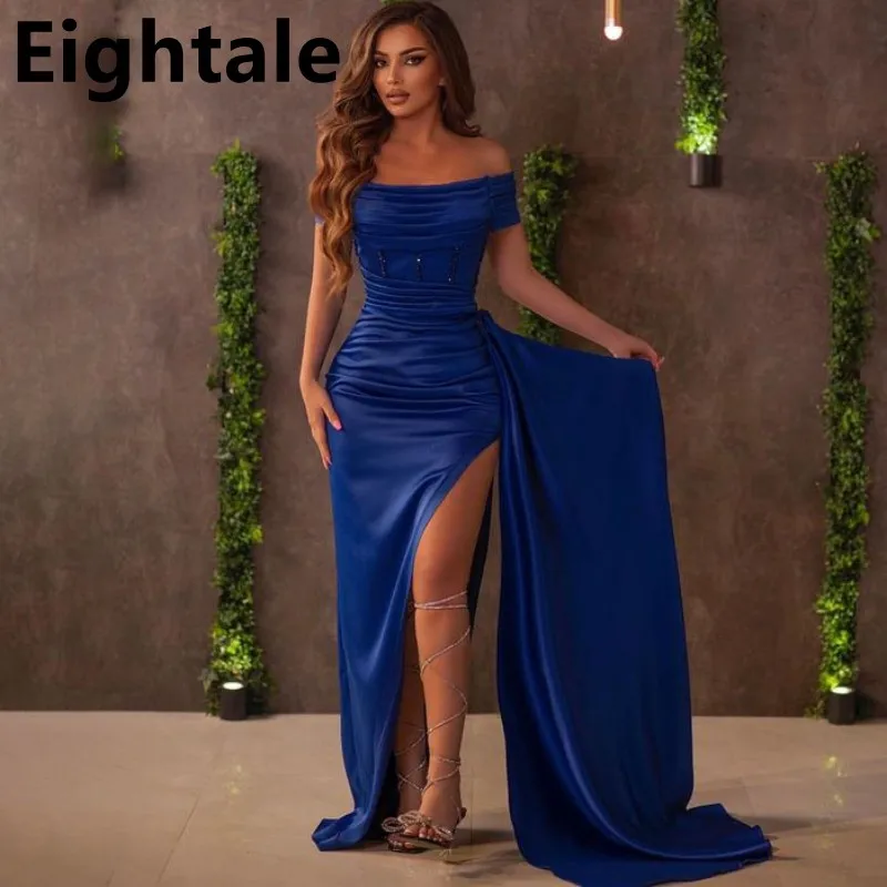 

Eightale 2023 Royal Blue Mermaid Satin Evening Dress Off Shoulder Beaded Sexy Slit Prom Dress For Wedding Party Robe de soiree