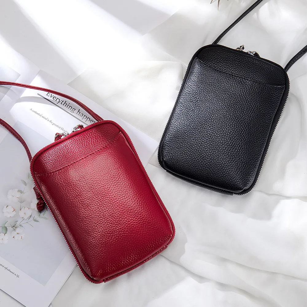 A5201 Vertical Practical Simple Solid Color Soft Genuine First Layer Cow Leather Versatile Lady Single Shoulder Mobile Phone Bag