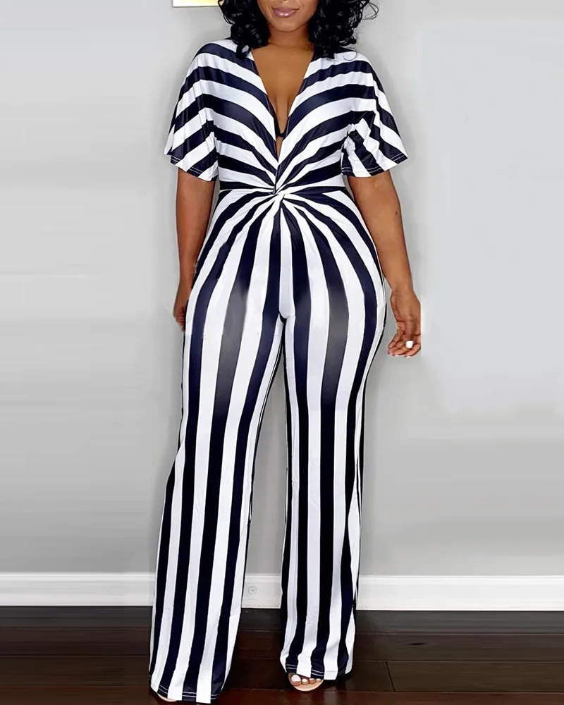 

Women High Waist Short Sleeve V Neck Summer Plunge Twist Detail Striped Print Jumpsuit Spring Long Overall Jumpsuits Pants