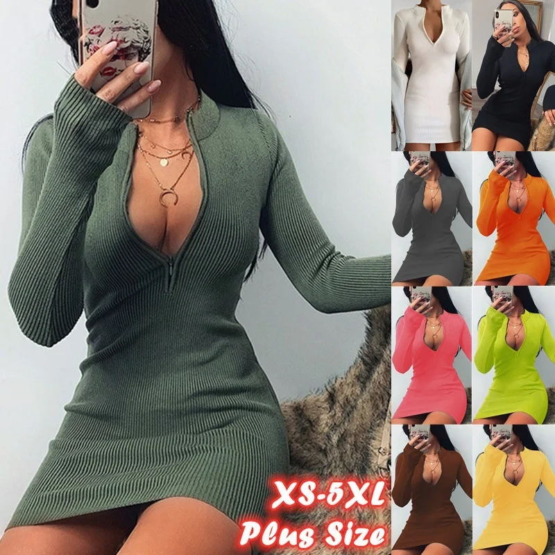 

Women Long Sleeve V-neck Soild Color Zipper Dress Slim Package Hip Dress Autumn Bodycon Dress