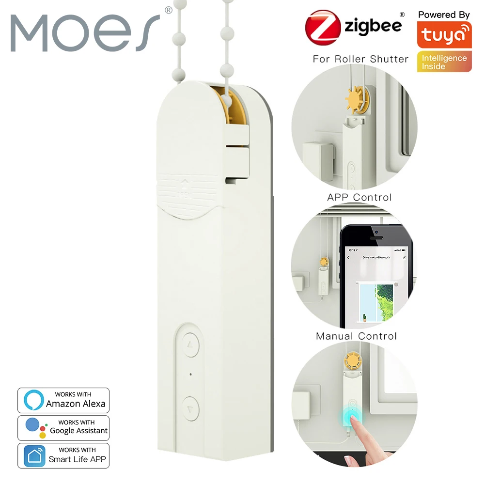 MOES ZigBee3.0 DIY Chain Motorized Bluetooth Roller shutter Blinds Shades Drive Motor Tuya Smart APP Alexa Google Voice Control