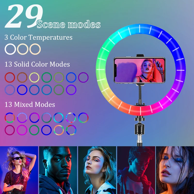 

Photo LED Ring Light 26cm Selfie Ring Lamp with Tripod Phone Clip Dimmable RGB Video Fill Light of YouTubeMakeup Video Streaming