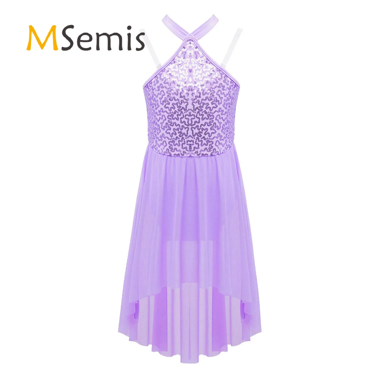 

Kids Girls Ballerina Tutu Dance Dress Sleeveless V Shape Halter Neck Hollow Back Irregular Hem Sequins Decor Ballet Dancewear
