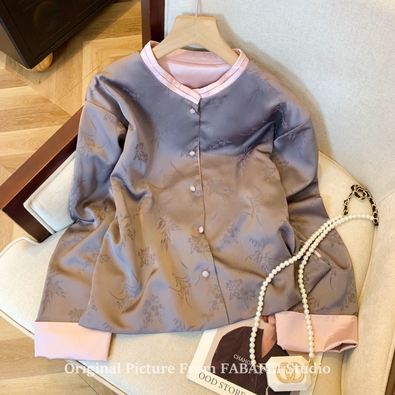New Chinese Sle Jacquard Tang Suit Coat Female Early Spring 2025 Retro Zen Cardigan Fancy Satin Tops