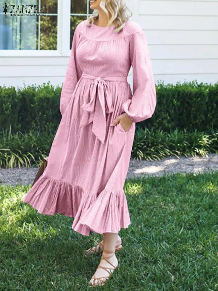 

Women Elegant Puff Sleeve Sundress 2022 Spring Striped Printed Robe Longue Party Baggy Dresses ZANZEA Holiday Casual Long Dress
